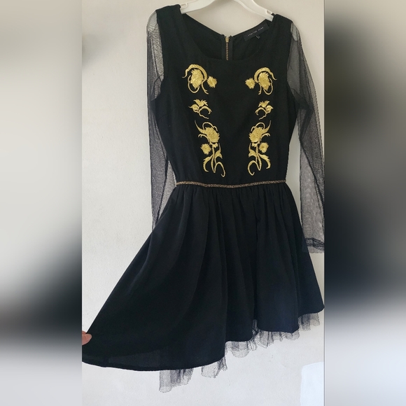 English Rose Long Sleeve Mesh Embroidered Gold Floral Zipper Dress Size Small - Picture 3 of 4